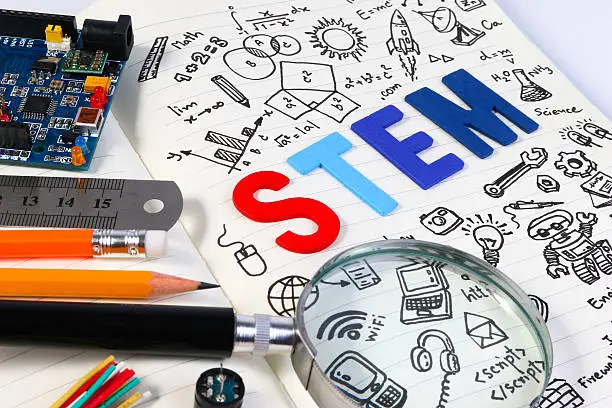 Photo of STEM concept with drawing background. Magnifying glass over education background.