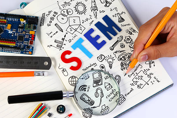istock STEM concept with drawing background. Magnifying glass over education background. 611751346