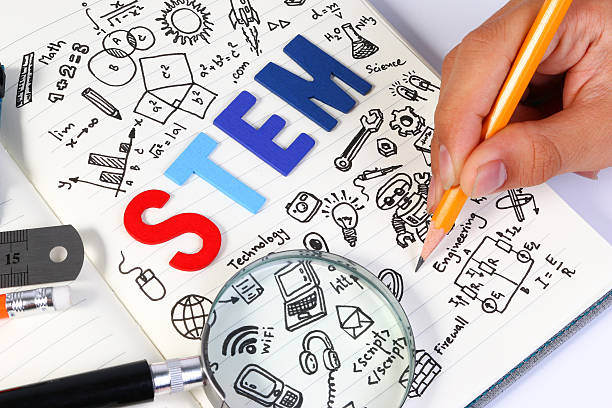 istock STEM concept with drawing background. Magnifying glass over education background. 611751406