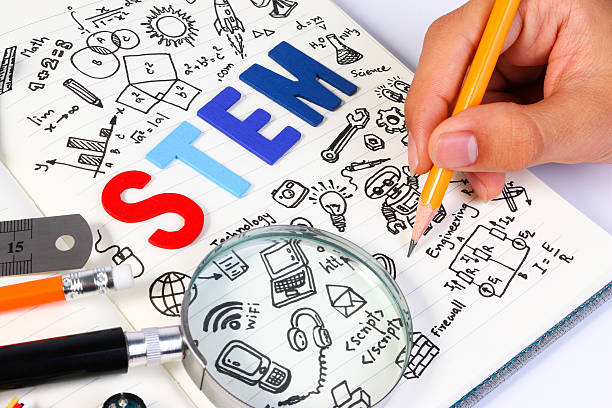 istock STEM concept with drawing background. Magnifying glass over education background. 611751516
