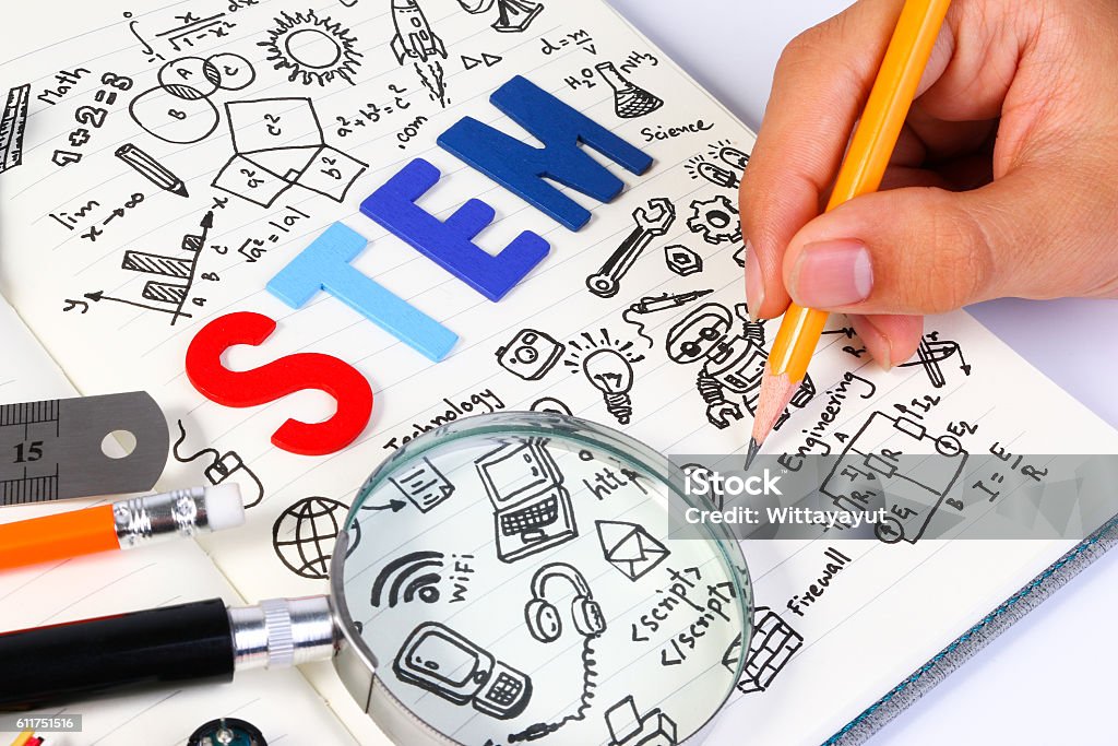 STEM concept with drawing background. Magnifying glass over education background. STEM education. Science Technology Engineering Mathematics.  Education Stock Photo