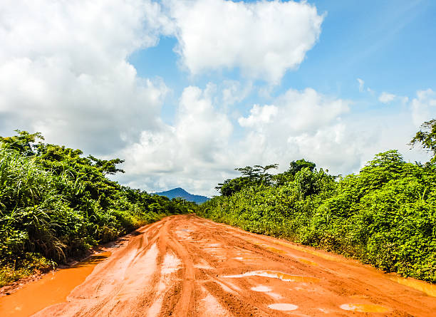 雨の後にジャングルを通る道。 リベリア(西アフリカ) - red mud ストックフォトと画像