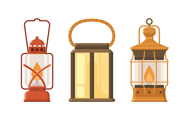 Oil Lantern Set Vintage oil lantern set isolated on white background. Different camping lamp collection. Modern and retro lanterns vector illustration. Various handle gas lamps for tourist hiking. old oil lamp stock illustrations