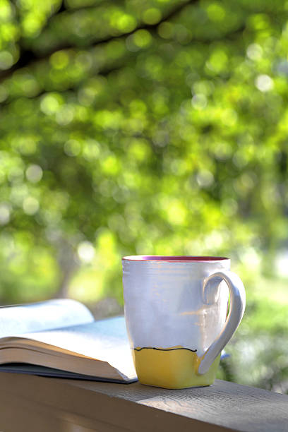 istock Sunlit porch with mug and novel 611756034