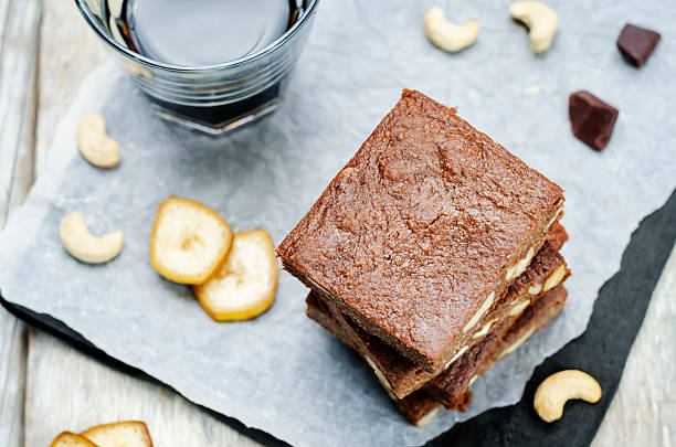 Chocolate banana cashew butter bars stock photo