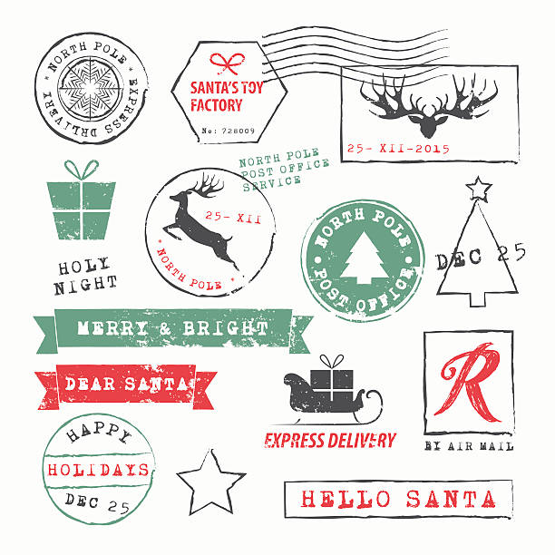 Christmas Stamps Collection Christmas Postage Stamps Collection. Vector Illustration.EPS10, Ai10, PDF, High-Res JPEG included. santa letter stock illustrations