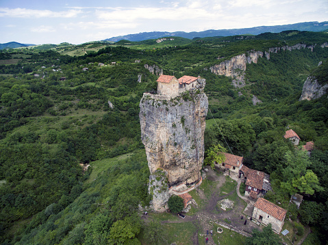 aerial photo Katskhi pillar and the Orthodox Church on it, Georgia