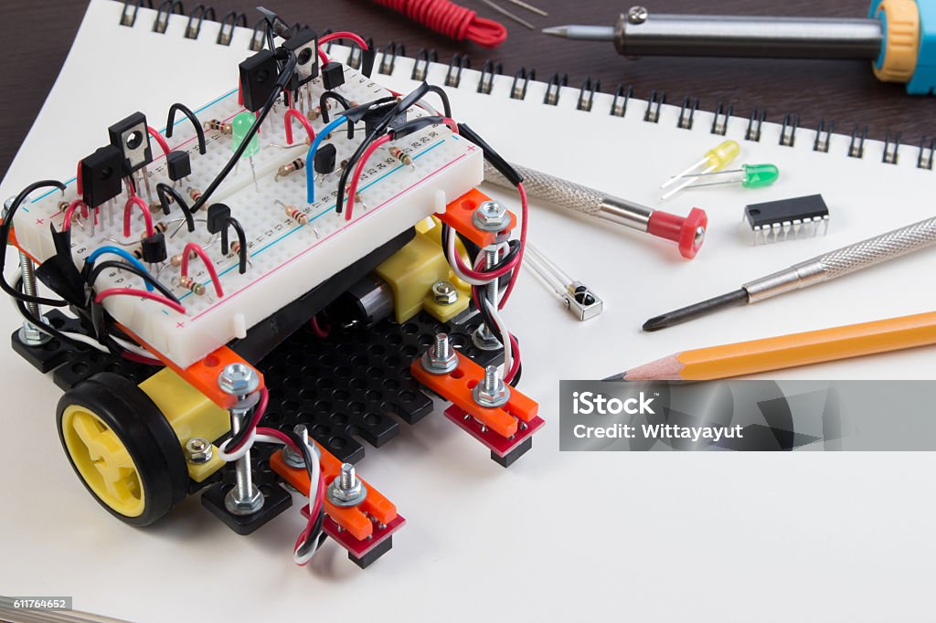 DIY Electronic Kit , Line tracking robot competition ideas. closeup. STEM or DIY Electronic Kit , Line tracking robot competition ideas. closeup.STEM or DIY Electronic Kit , Line tracking robot competition ideas. closeup. Making Stock Photo