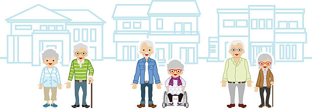 ilustrações, clipart, desenhos animados e ícones de três casas e casas seniores - senior couple isolated white background standing