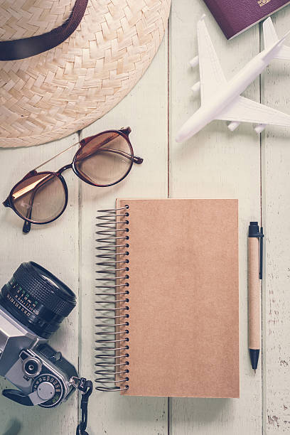istock Overhead view of Traveler's diary and items 611764894