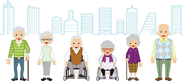 ilustrações, clipart, desenhos animados e ícones de vários idosos - fundo cityscape - senior couple isolated white background standing