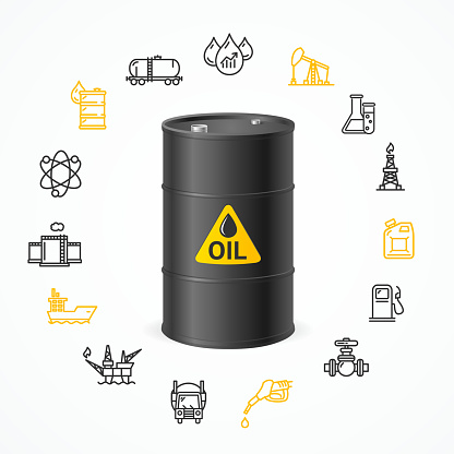 Oil Industry Concept with Black Barrel Drum Label and Icon Set Pixel Perfect Art. Material Design. Vector illustration