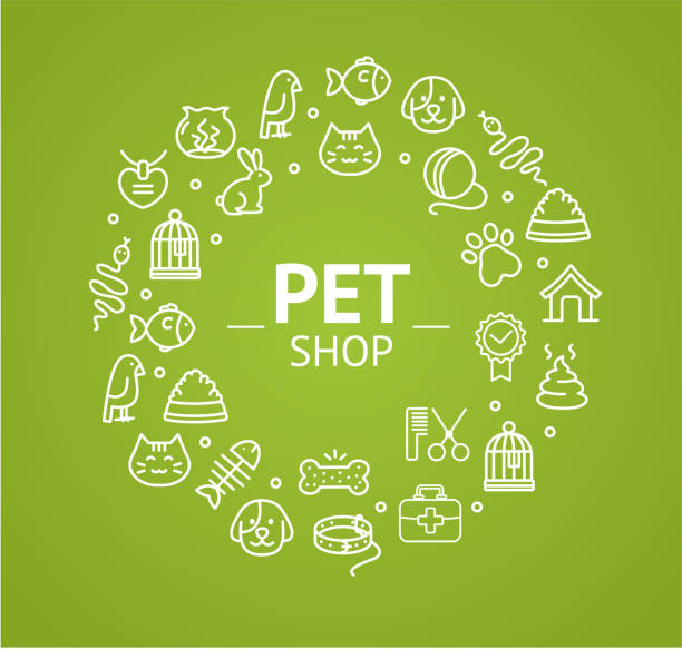 Pet Shop Concept. Vector Pet Shop Concept with Icon Set Pixel Perfect Art. Material Design. Vector illustration. domestic animals background stock illustrations