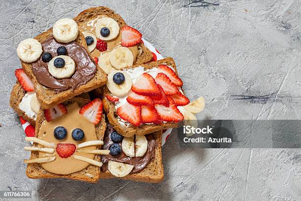 Funny Animal Faces Toasts Stock Photo - Download Image Now - Banana, Berry Fruit, Bread