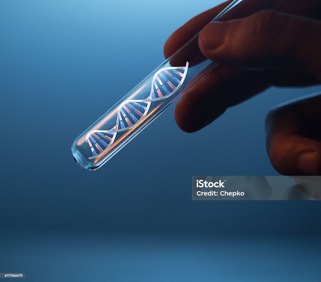 DNA molecule in glass tube in hand of scientist DNA molecule in glass tube in hand of scientist on blue DNA Stock Photo