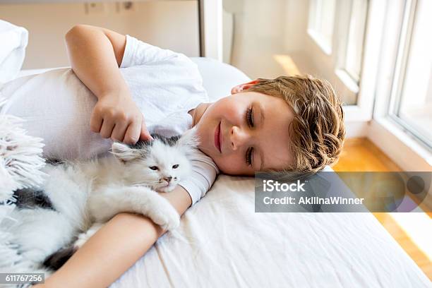 Loving Boy Cuddling A Kitten In Bedroom Stock Photo - Download Image Now - Petting, Child, Pets