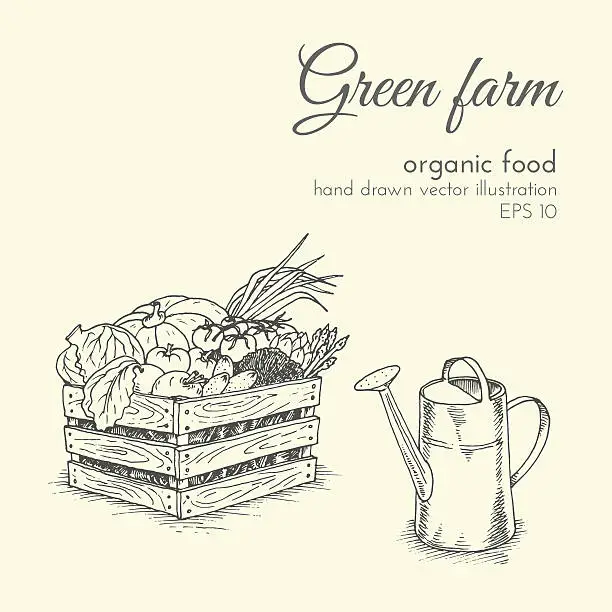 Vector illustration of vector illustration of organic products. sketch farmer eco harvest vegetables