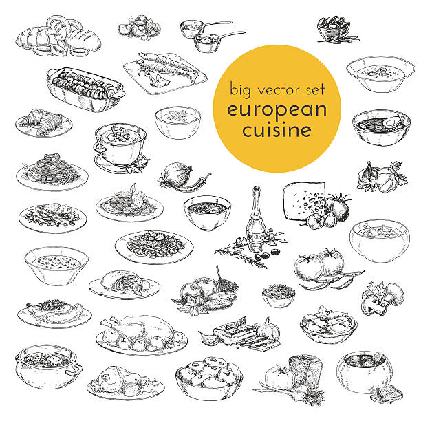 ilustraciones, imágenes clip art, dibujos animados e iconos de stock de grandes ilustraciones de alimentos dibujadas a mano por vectores. cocina europea. - plato principal
