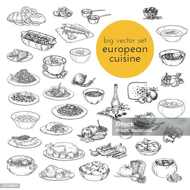 Large Vector Set Hand Drawn Illustrations Of Food European Cuisine Stock Illustration - Download Image Now