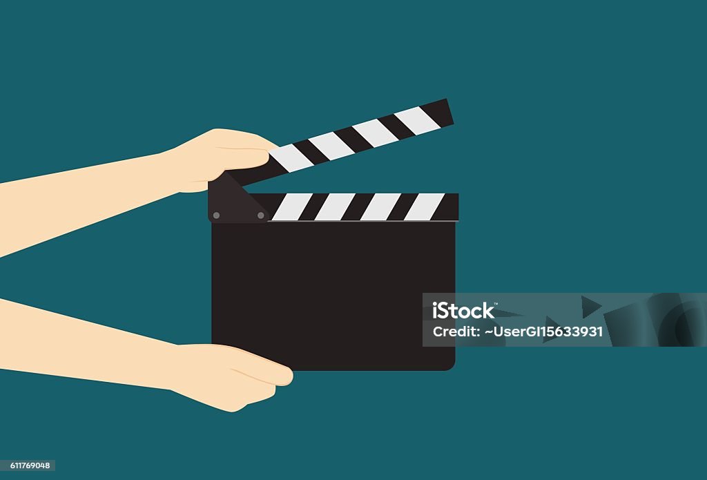 Man Hands Holding Cinema Clapper Board Man Holding the Clapper Board ready to take a shot Film Slate stock vector