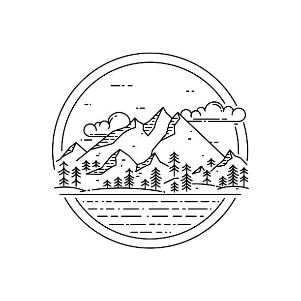 ilustraciones, imágenes clip art, dibujos animados e iconos de stock de emblema de la línea vectorial con paisaje de montaña, bosque, mar y nubes. - sello de caucho ilustraciones