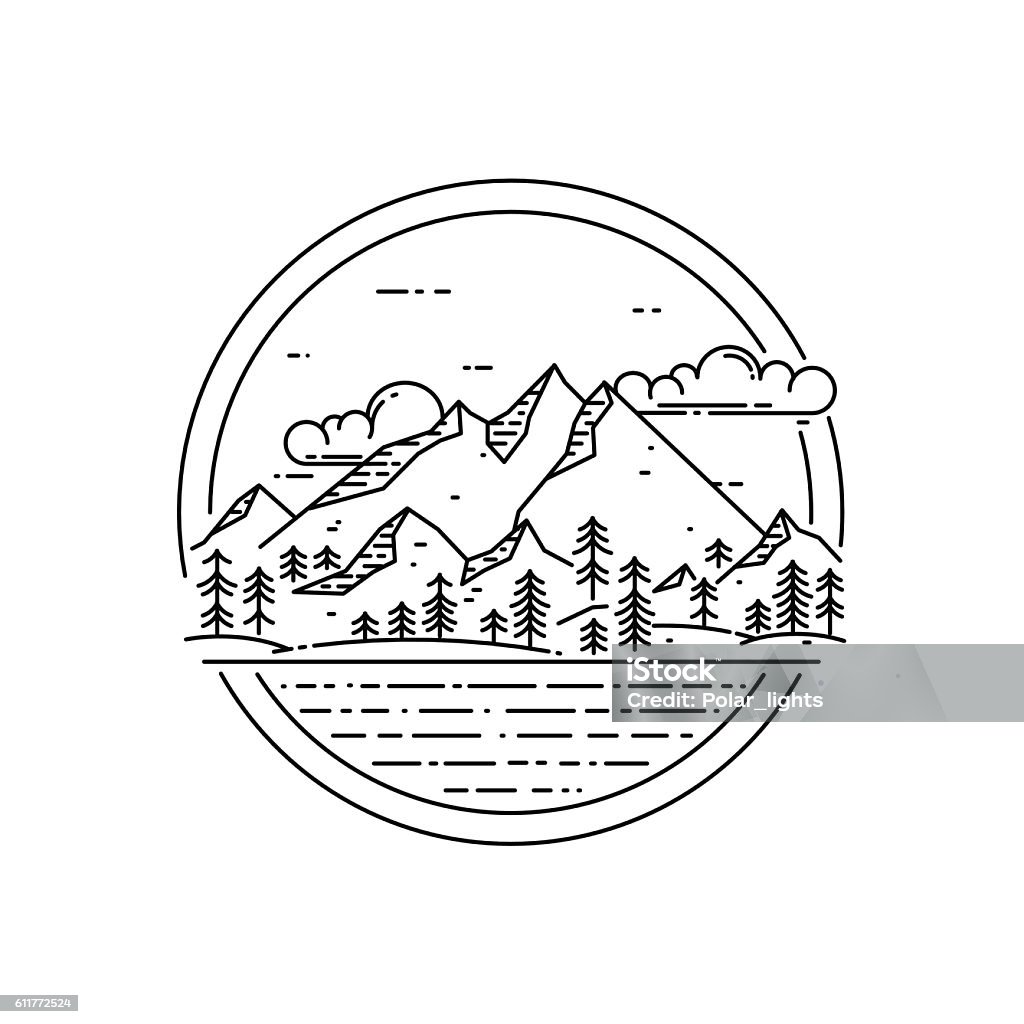 Vector line emblem with mountain landscape, forest, sea and clouds. - 免版稅山圖庫向量圖形