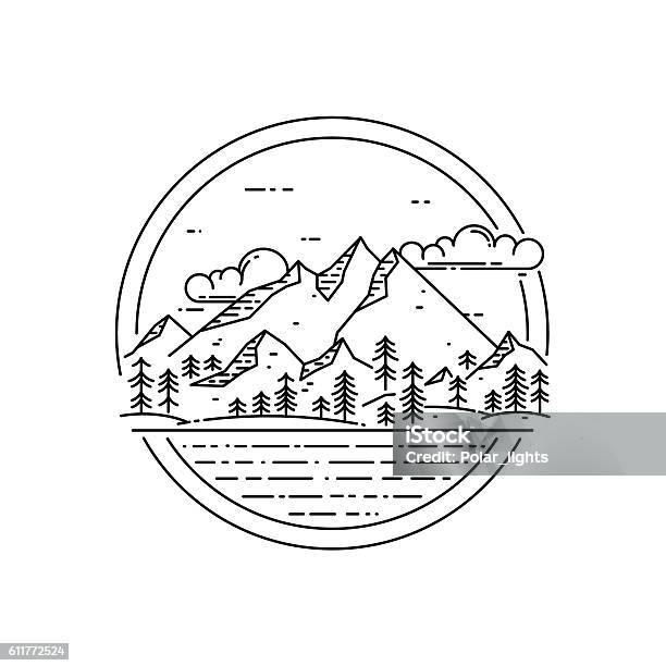 Vector Line Emblem With Mountain Landscape Forest Sea And Clouds向量圖形及更多山圖片