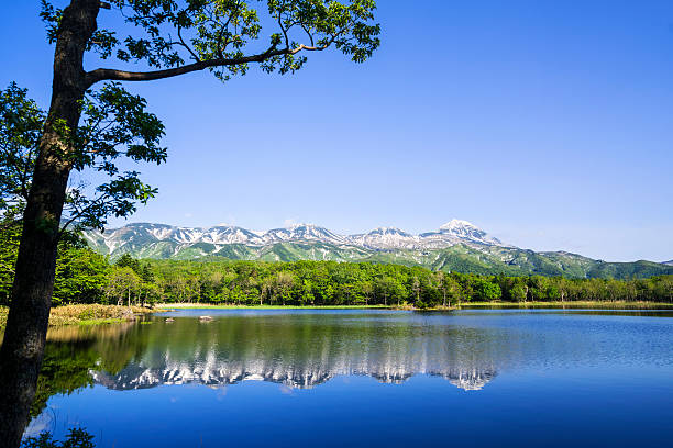 istock Mountain reflection in Lake Sanko  on Hokkaido, Japan 611773228