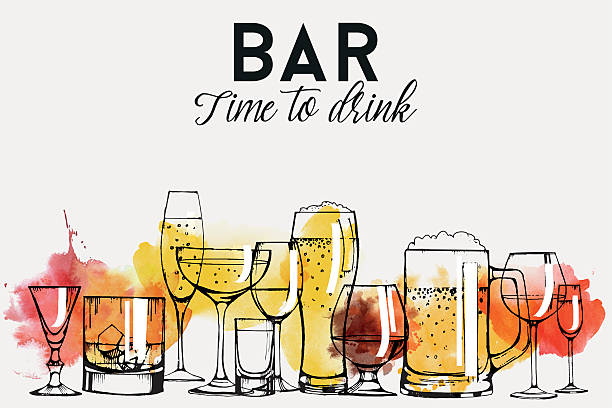 ilustraciones, imágenes clip art, dibujos animados e iconos de stock de conjunto de diseño de folletos de bebidas alcohólicas - whisky glass alcohol drink