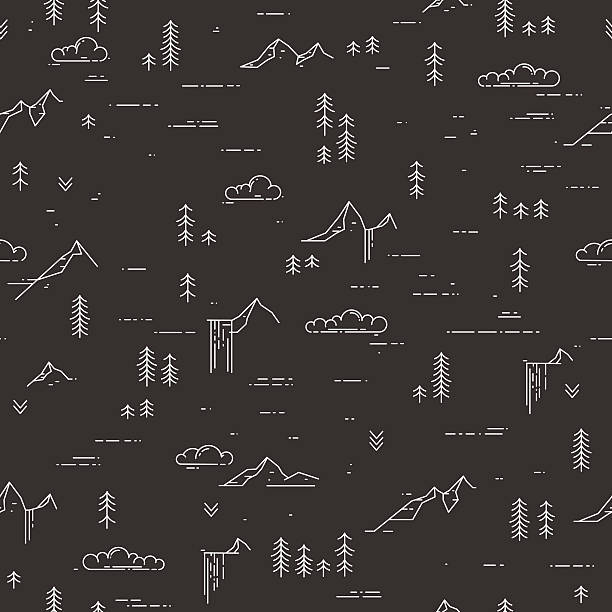 Vector linear seamless pattern with wild landscape elements on blackboard Vector linear seamless pattern with wild landscape elements. Waterfall, mountains, pine trees and clouds. Nature illustration on blackboard hiking backgrounds stock illustrations