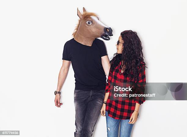 Horse Head Man And Pretty Girl Looking At Each Other Stock Photo - Download  Image Now - iStock