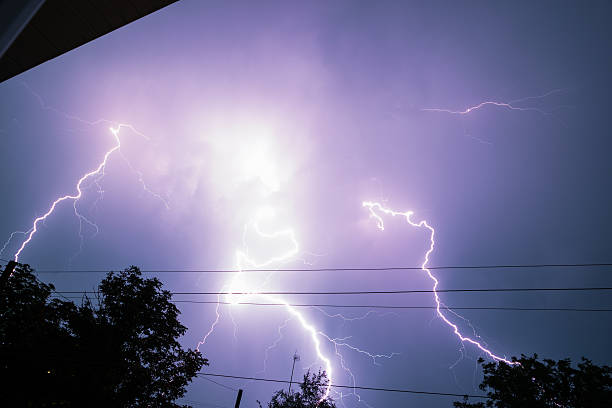 istock Thunderbolt over the house and dark stormy sky on the 611776552