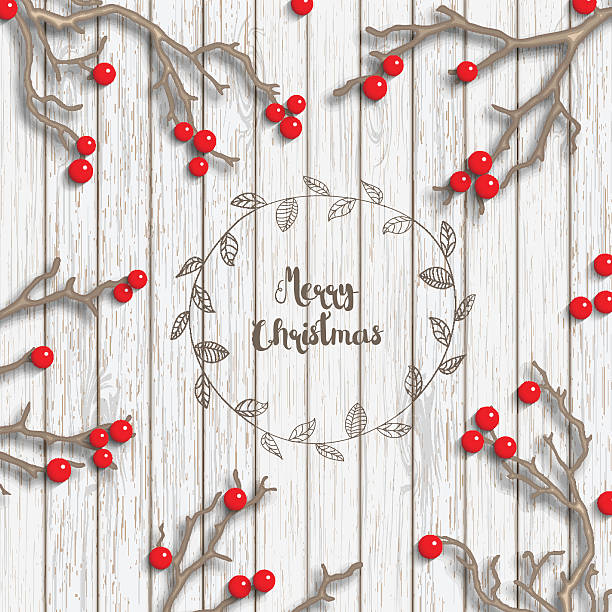 stockillustraties, clipart, cartoons en iconen met christmas background in rustic style, dry branches with red berries - dry january