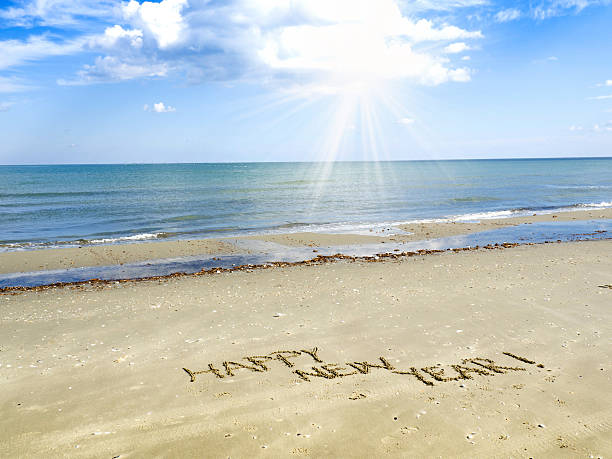 istock 2017 Happy new year written in sand on tropical beach 611778060