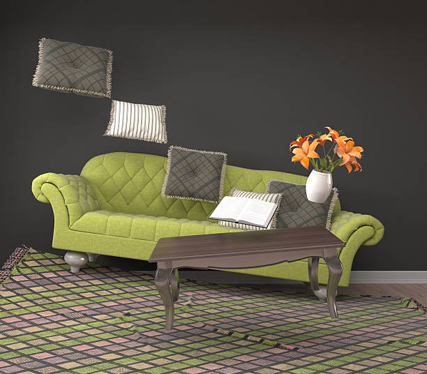istock Zero Gravity furniture hovering in living room. 3D Illustration 611778642
