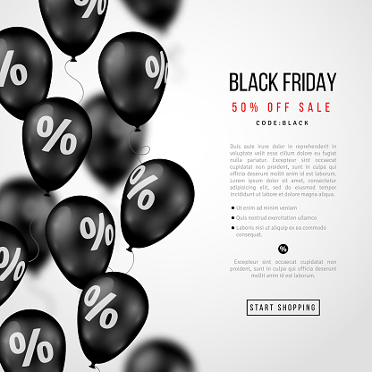 Black Friday Sale Poster. Glossy Balloons with Percent Sign on White Background. Vector illustration.