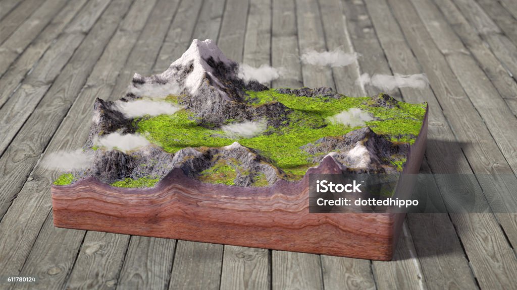 model of cross section of mountains scene model of cross section of ground with mountains, meadows and clouds (3d illustration) Cross Section Stock Photo