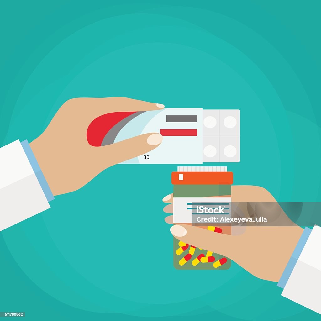 Doctor hand holding box of pills and jar of capsules. - Royalty-free Adamlar Vector Art Doctor hand holding box of pills and jar of capsules. - Royalty-free Adamlar Vector Art
