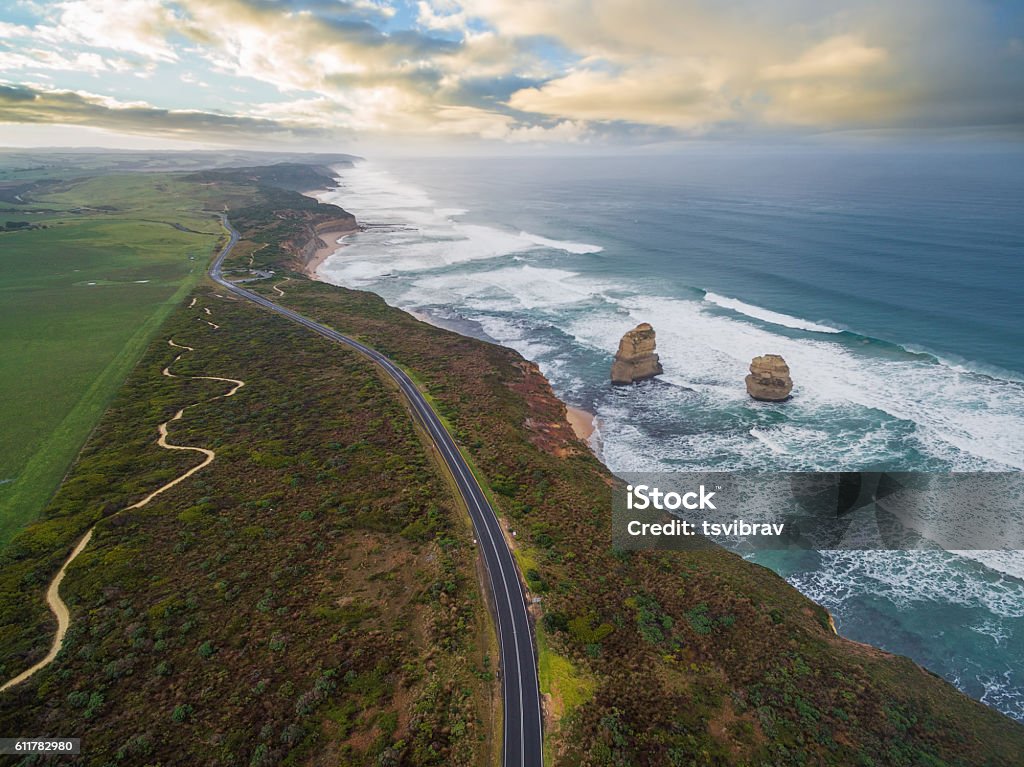 Aerial view of the great ocean road with Gog Magog Aerial view of the Great Ocean Road with Gog and Magog rock formations, Victoria, Australia Great Ocean Road Stock Photo