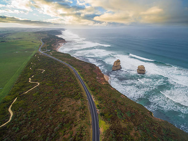 Aerial view of the great ocean road with Gog Magog Aerial view of the Great Ocean Road with Gog and Magog rock formations, Victoria, Australia great ocean road photos stock pictures, royalty-free photos & images
