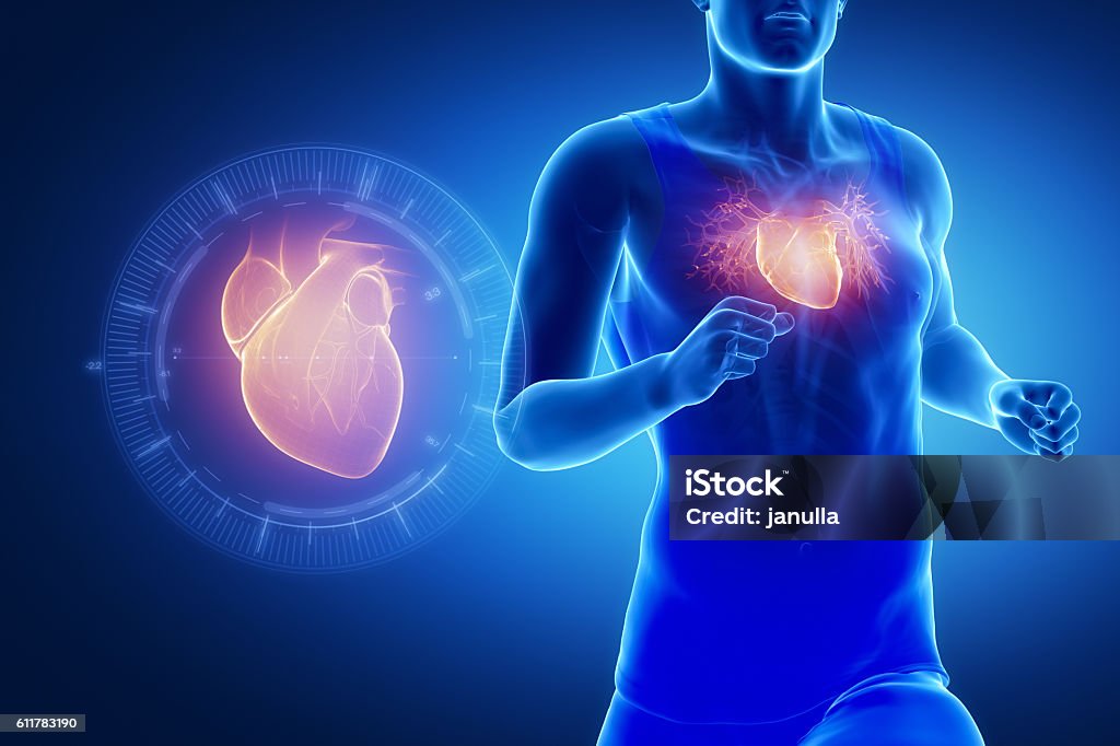 Running man focused on heart Heart Attack Stock Photo