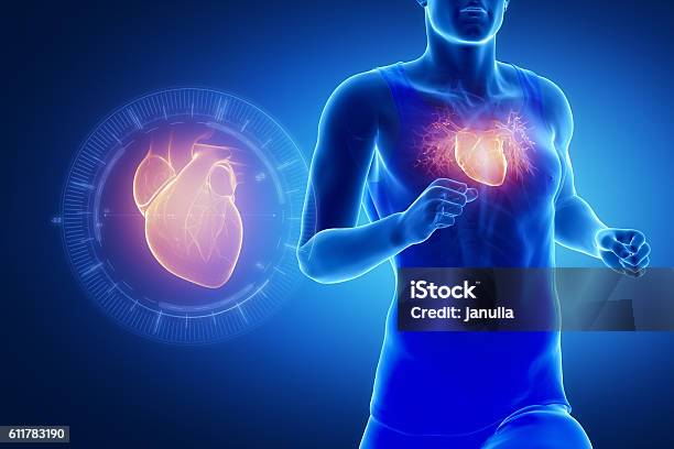 Running Man Focused On Heart Stock Photo - Download Image Now - Heart Attack, Sport, Exercising