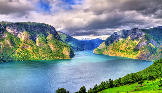 View of Aurlandsfjord, a branch of Sognefjord, from Stegastein viewpoint, Norway