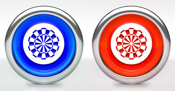 Dartboard Icon on Button with Metallic Rim. The icon comes in two versions blue and red and has a shiny metallic rim. The buttons have a slight shadow and are on a white background. The modern look of the buttons is very clean and will work perfectly for websites and mobile aps.