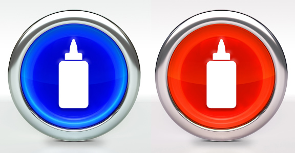 Glue Bottle Icon on Button with Metallic Rim. The icon comes in two versions blue and red and has a shiny metallic rim. The buttons have a slight shadow and are on a white background. The modern look of the buttons is very clean and will work perfectly for websites and mobile aps.