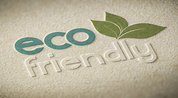 Eco Friendly 3D illustration of an eco friendly label embossed on a paper texture with blur effect. Concept of ecofriendly products or environmental preservation brocade stock pictures, royalty-free photos & images
