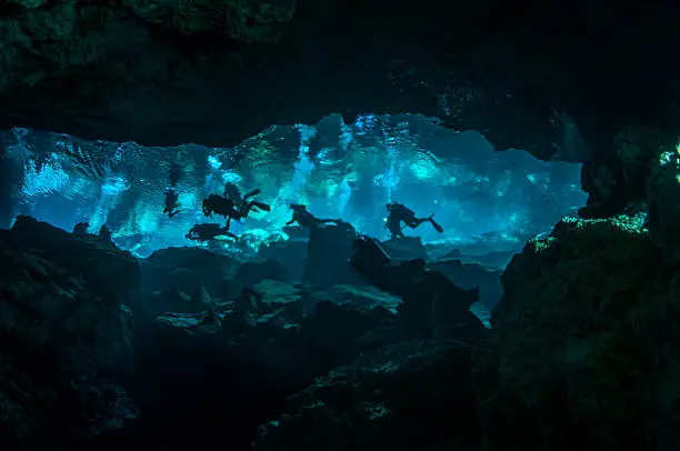 A group of divers is swimming in the waters of underwater cavern, Kukulkan cave, Yucatan peninsula, Mexico
