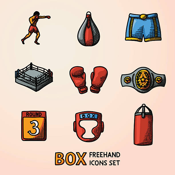 illustrations, cliparts, dessins animés et icônes de ensemble d’icônes de couleur dessinées à la main de boxe - gants, shorts - boxing fist knocking punch