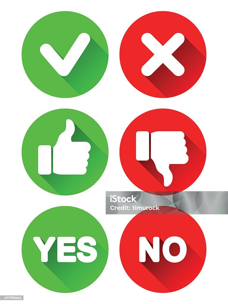 Yes and No Icons Collection of different yes and no buttons. Round icons with long shadows Yes - Single Word stock vector