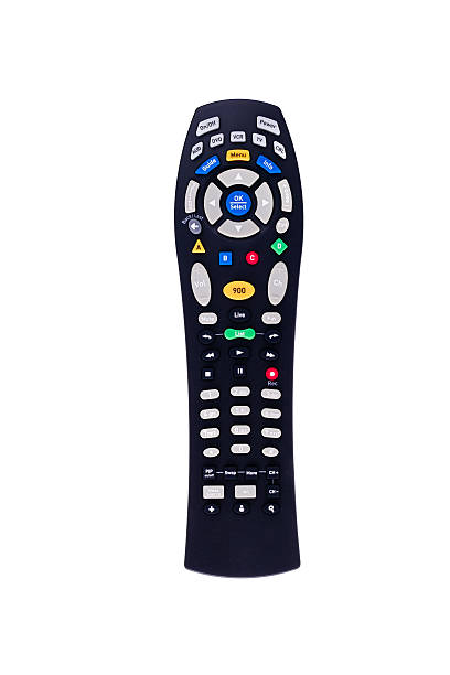 Black tv remote control front view isolated on white background stock photo